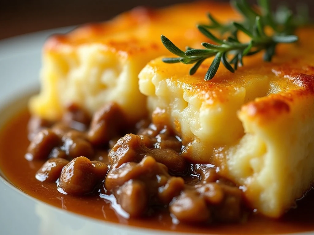 Golden fork-marked potato topping on freshly baked shepherd’s pie