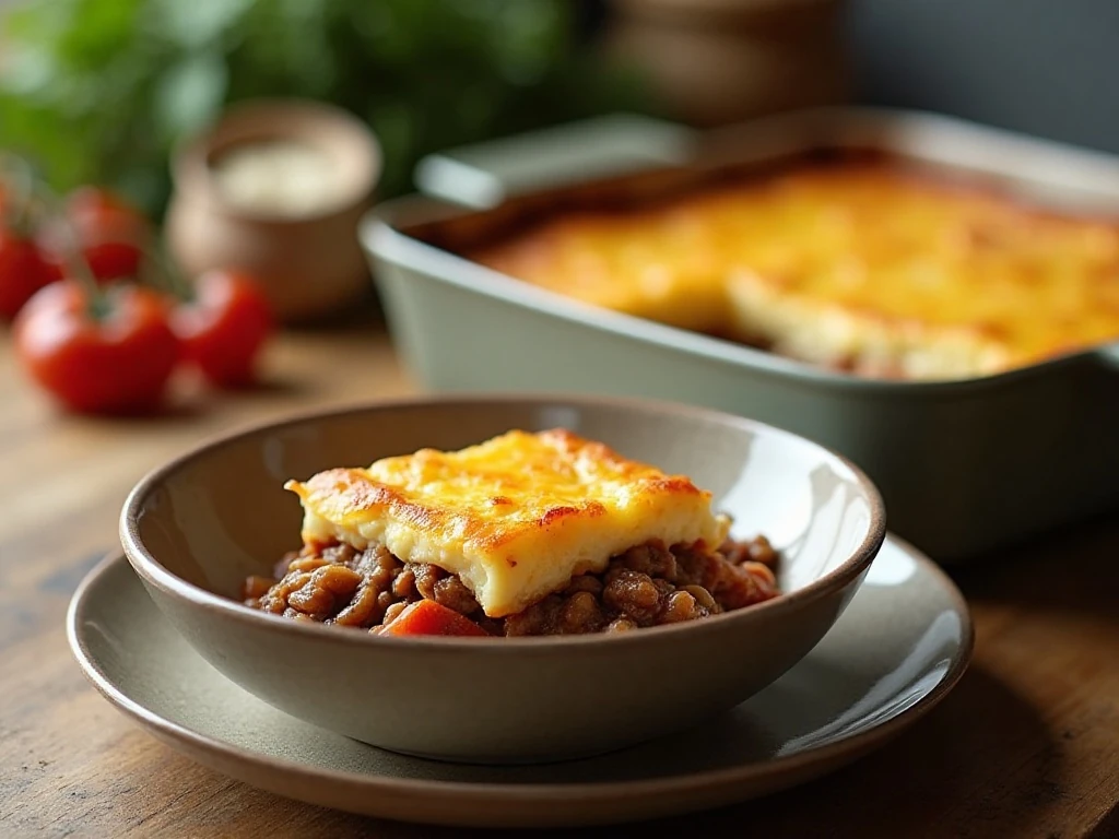 A reheated portion of shepherd’s pie ready to serve
