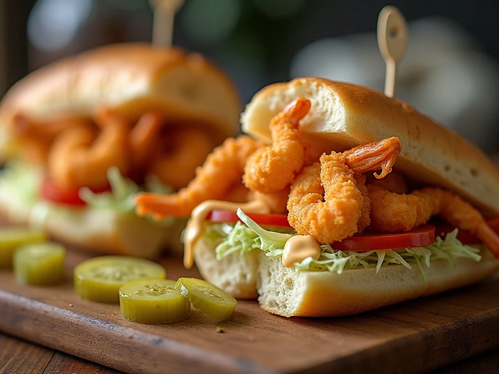 Crispy shrimp po' boys with remoulade, lettuce, tomatoes, and pickles