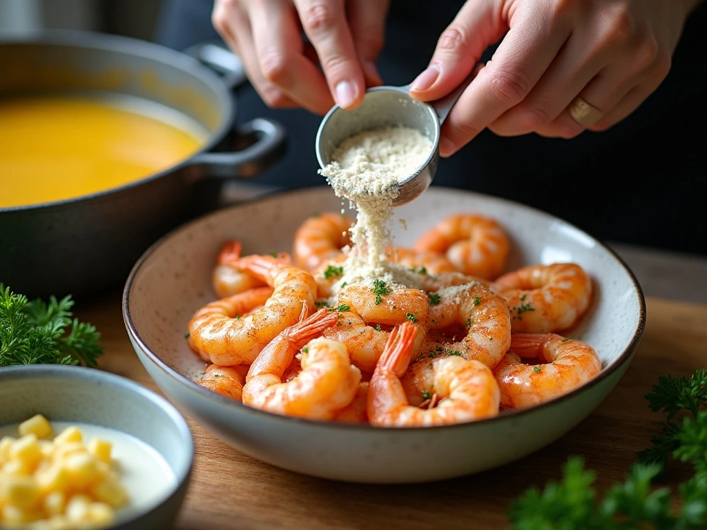 Shrimp being coated in seasoned flour and cornmeal before frying