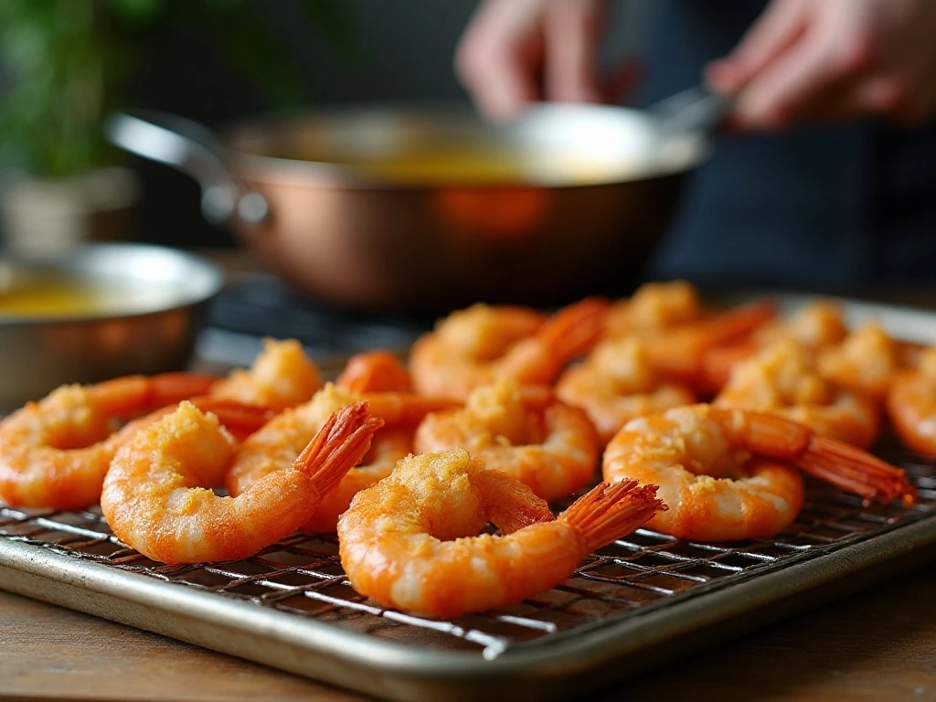 Fried shrimp cooling on a wire rack to stay crisp