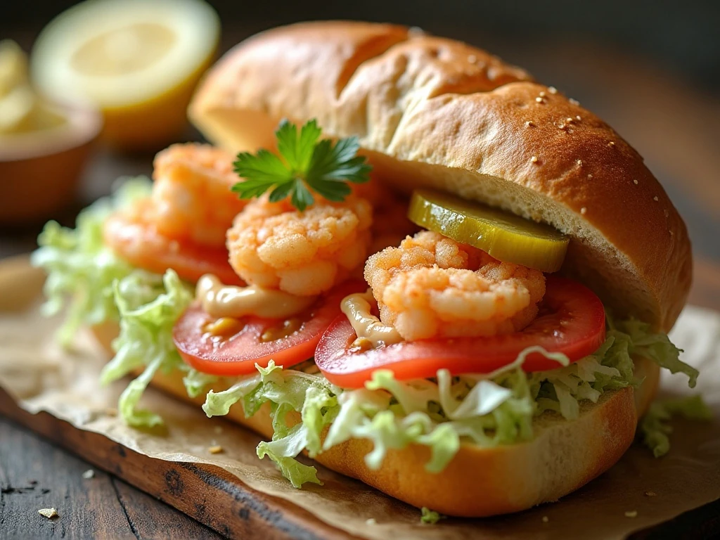 Close-up of a shrimp po' boy with classic toppings and lemon