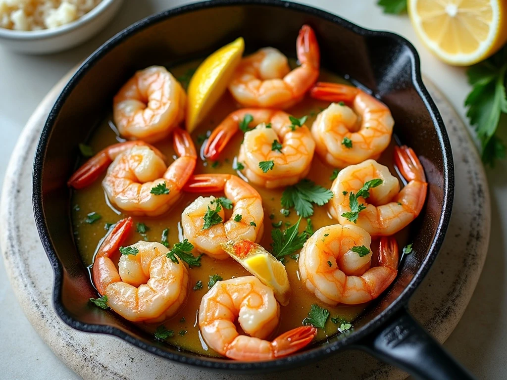 Finished garlic-butter shrimp dinner served with lemon and parsley