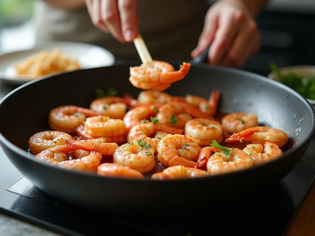 Shrimp arranged in one layer for even skillet cooking
