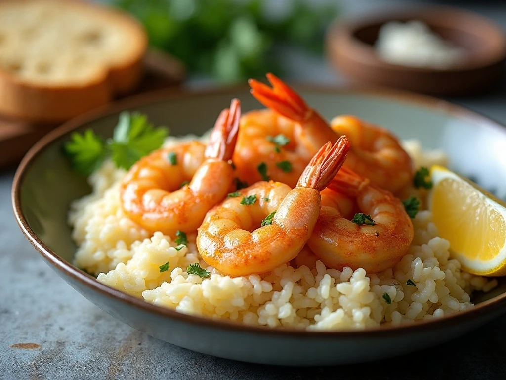 Garlic-butter shrimp served with rice and crusty bread