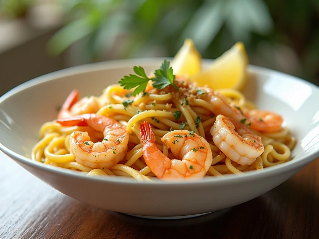 Garlic shrimp scampi with linguine, lemon, butter, and parsley
