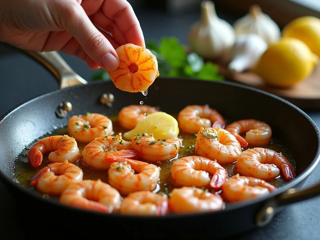 Shrimp cooking in butter and olive oil for scampi