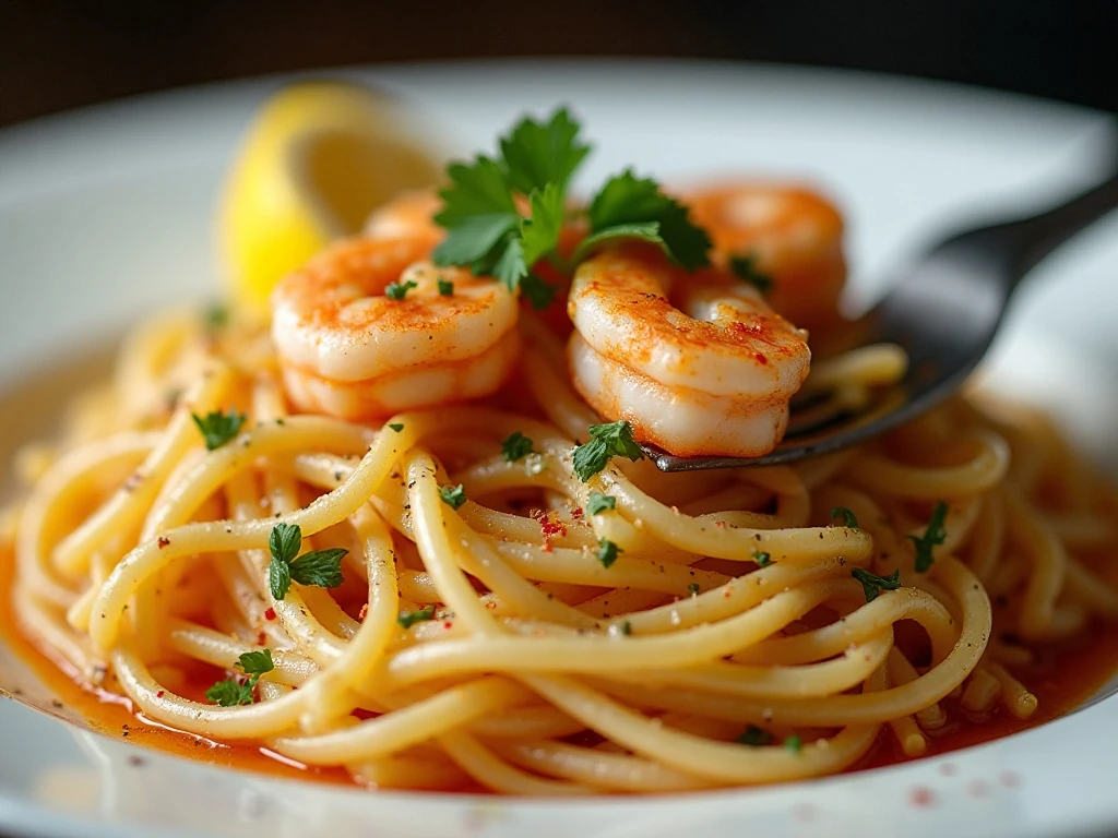 Shrimp scampi pasta finished with parsley and lemon
