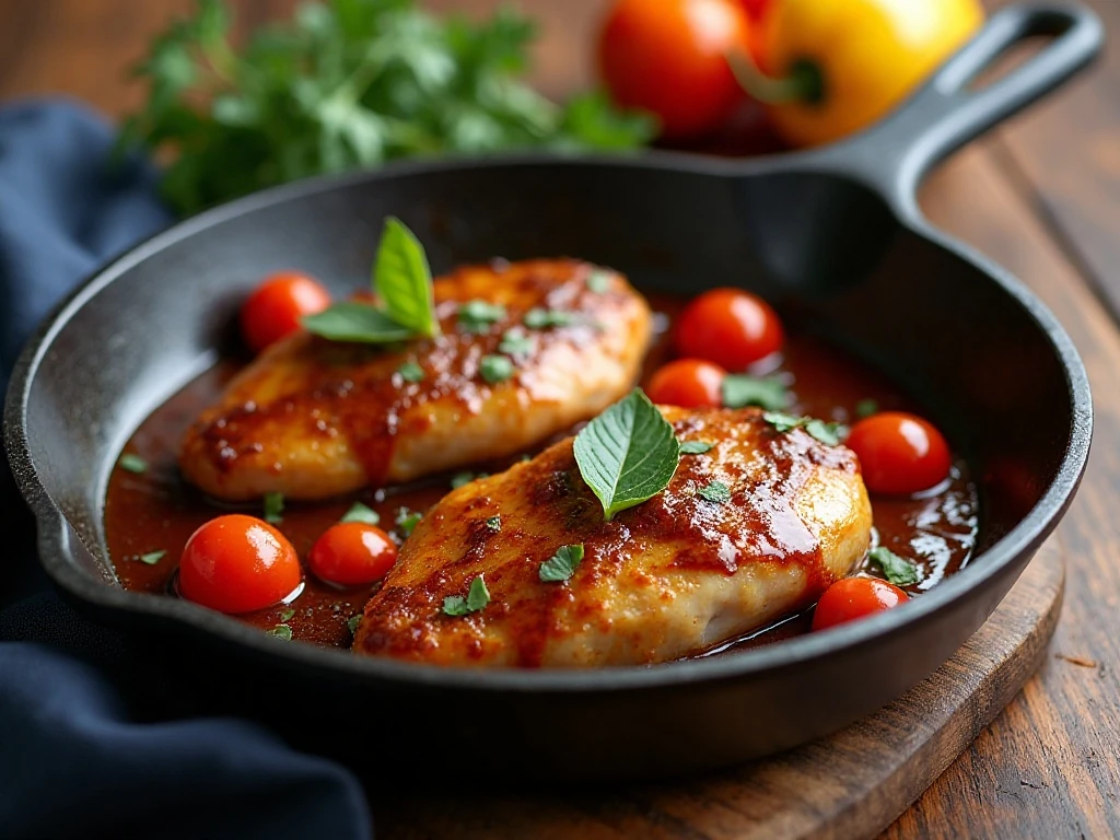Skillet balsamic chicken with tomatoes in a glossy pan sauce