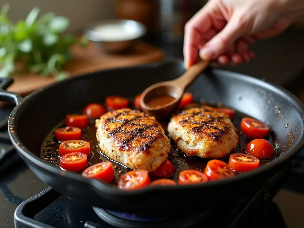 Chicken finishing in balsamic sauce in a skillet