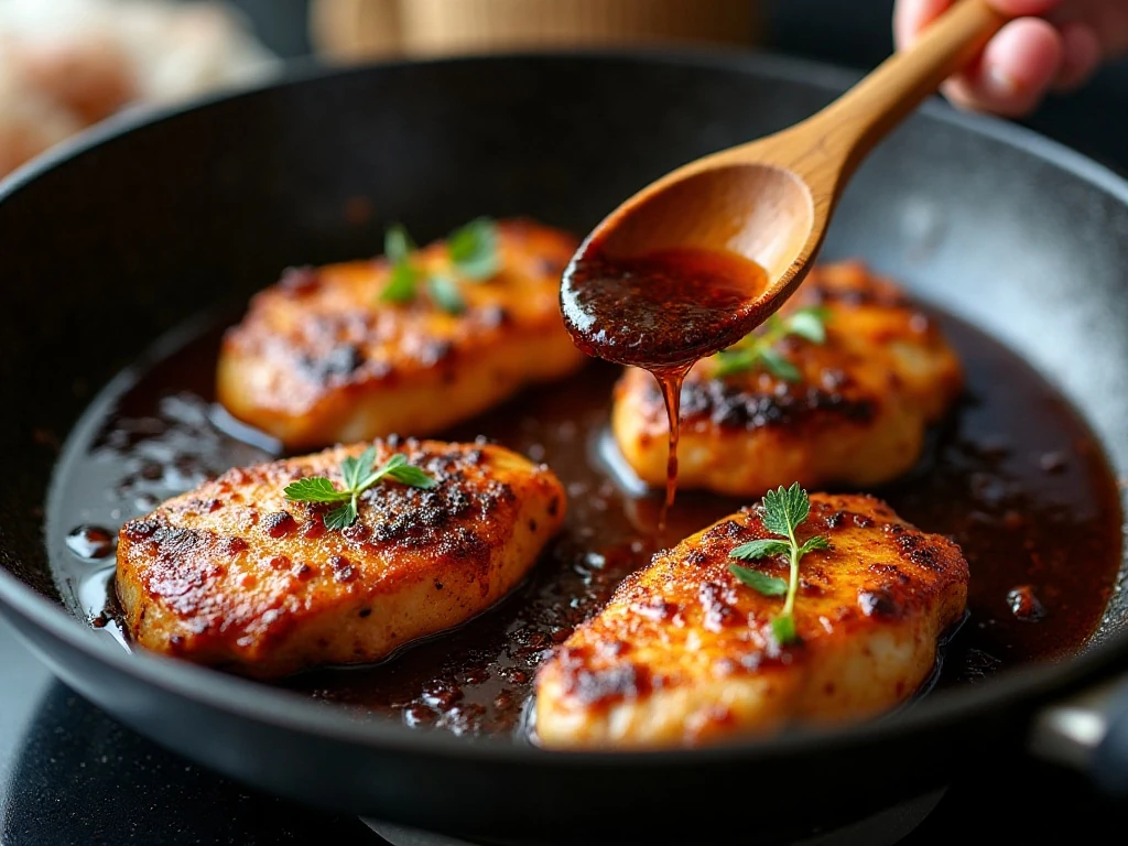 Gently reducing balsamic sauce around seared chicken