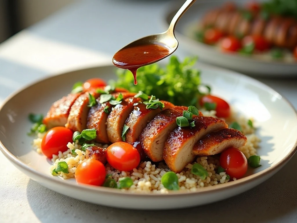 Balsamic chicken served with rice and vegetables