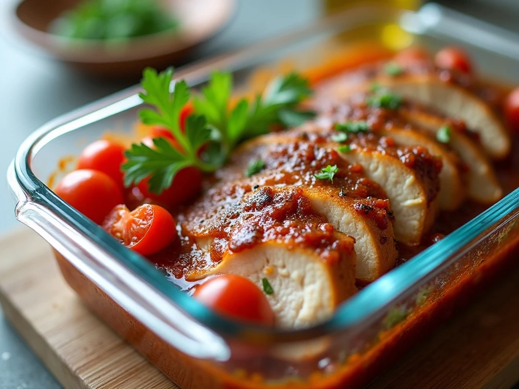 Stored balsamic chicken with sauce and tomatoes