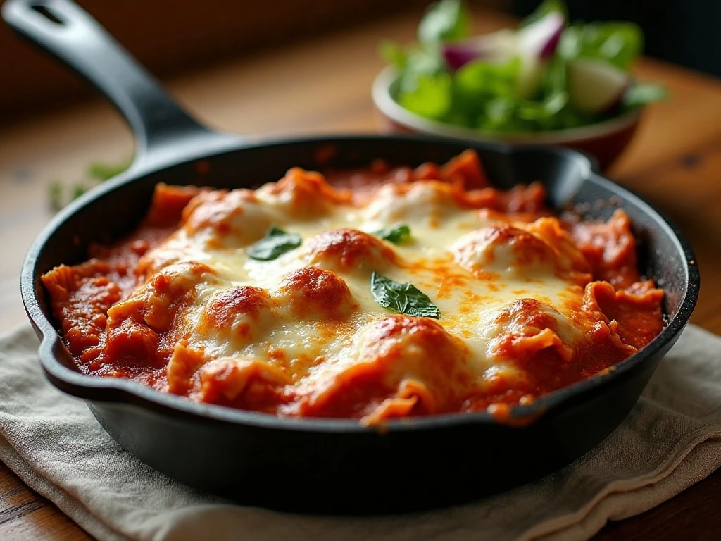 Easy skillet lasagna served hot in a deep skillet with melted cheese