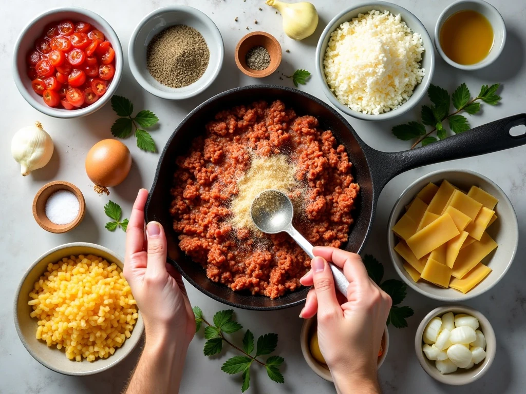 Ingredients for quick skillet lasagna arranged on a kitchen counter