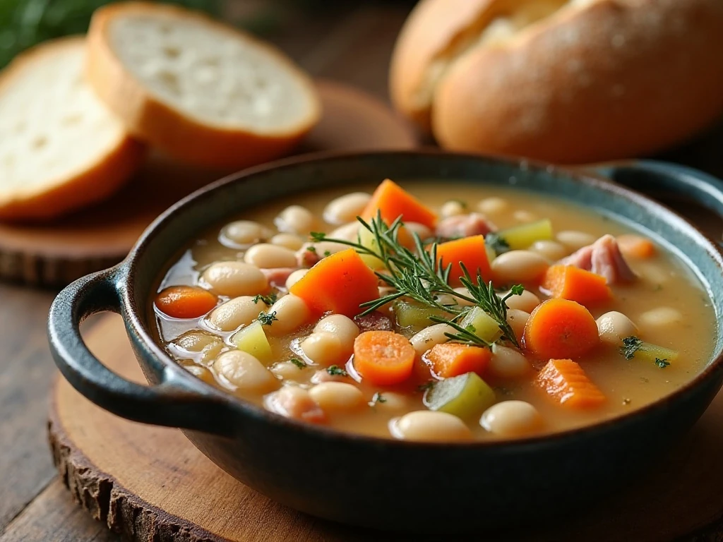 Hearty slow cooker bean soup served with crusty bread