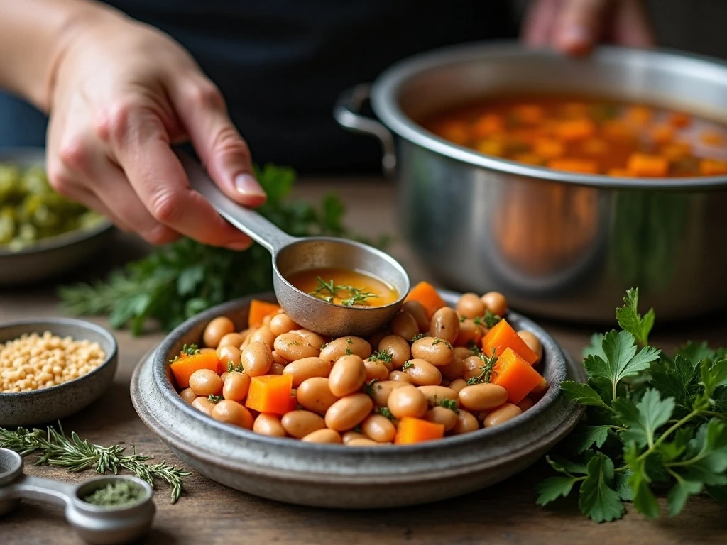 Soaked beans and seasonings prepared for crockpot soup