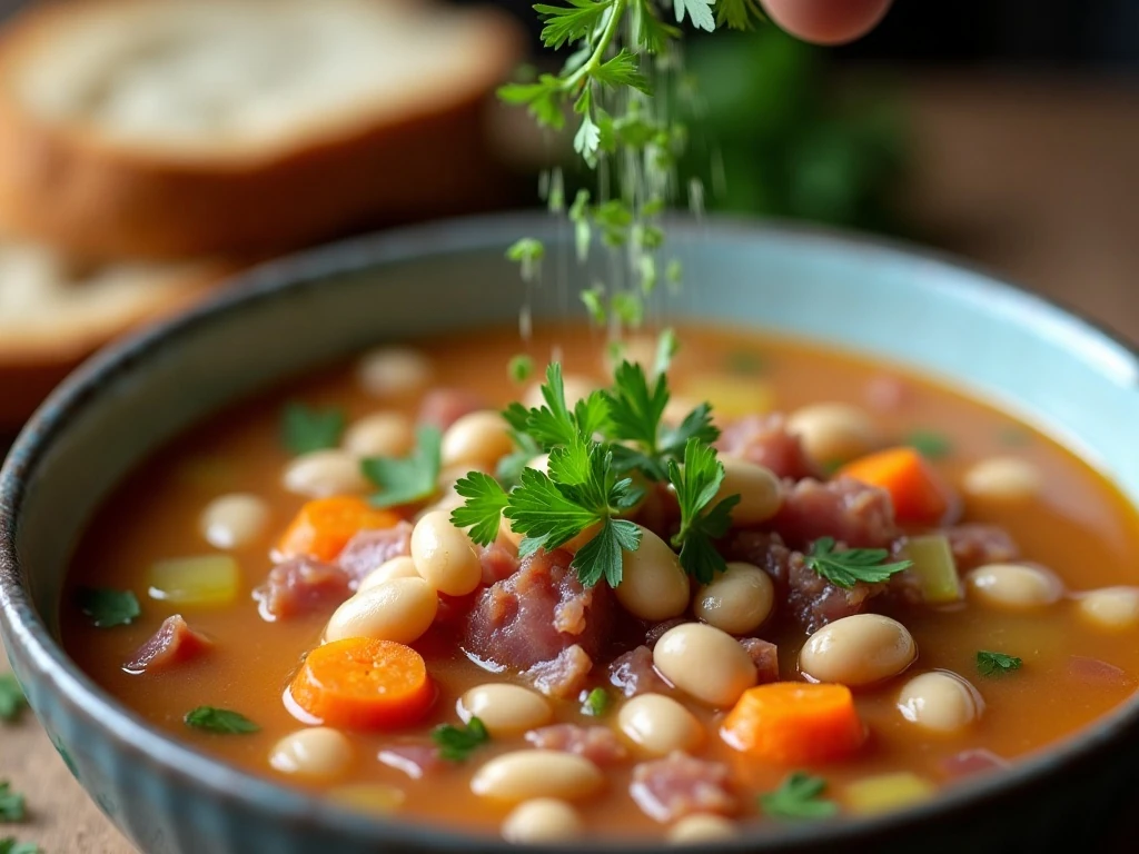 Bean soup finished with fresh parsley