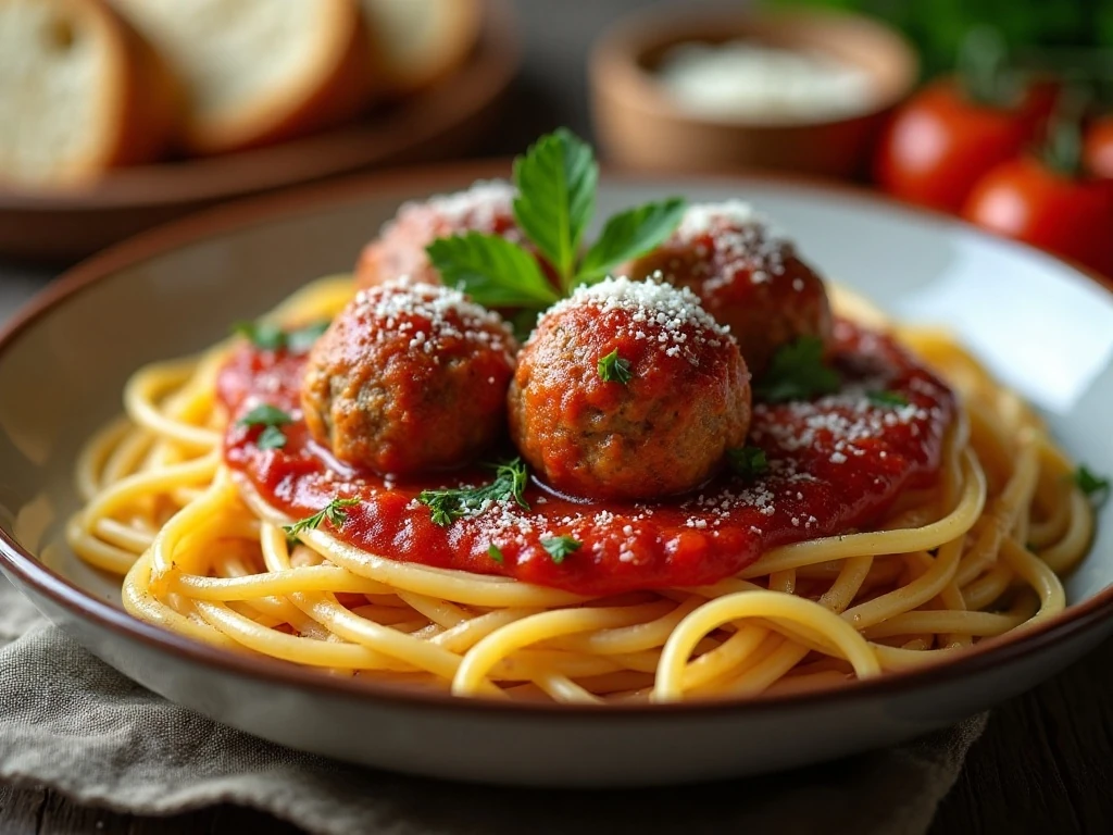 Homemade slow cooker meatballs with spaghetti and marinara sauce