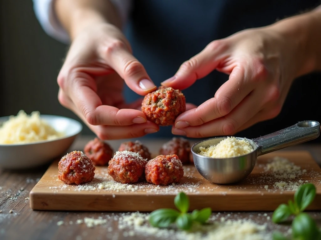Uniform homemade meatballs being shaped before slow cooking