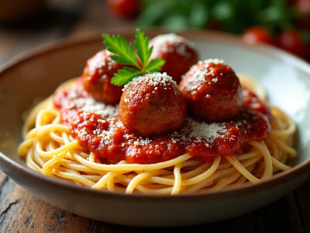 Tender slow cooker meatballs served over spaghetti with marinara sauce