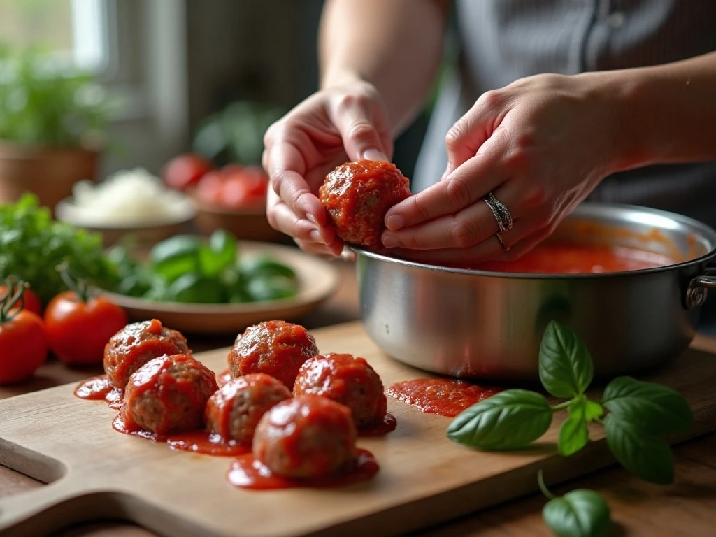 Shaping homemade meatballs before slow cooker preparation
