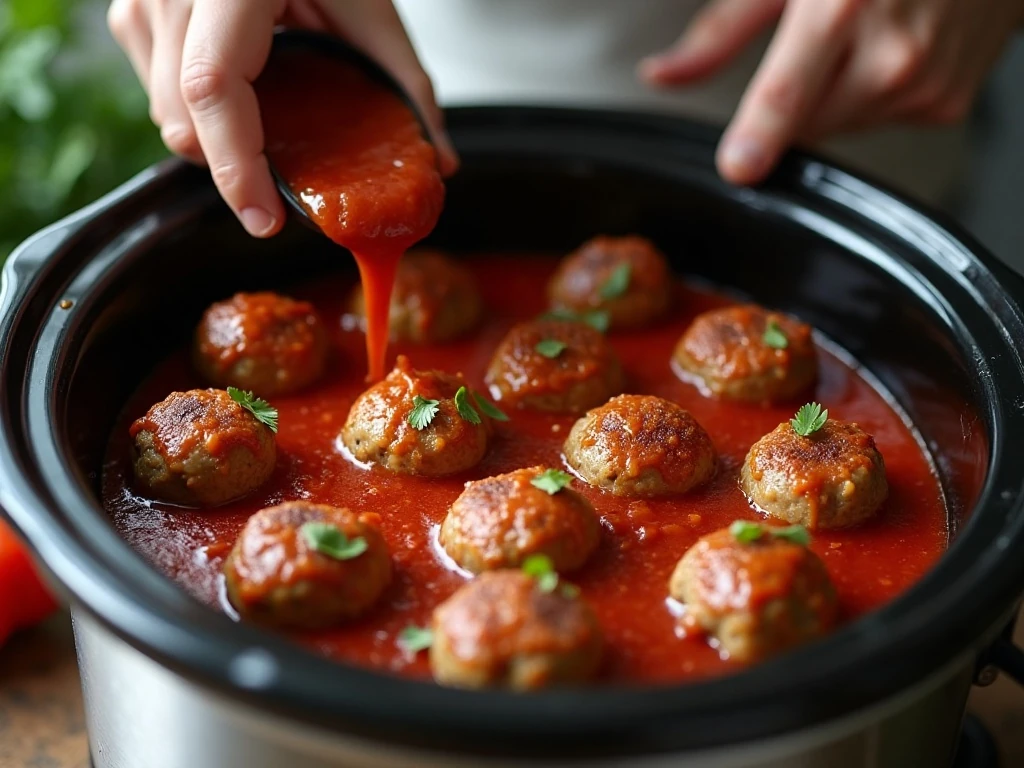 Meatballs arranged in sauce for even slow cooker cooking