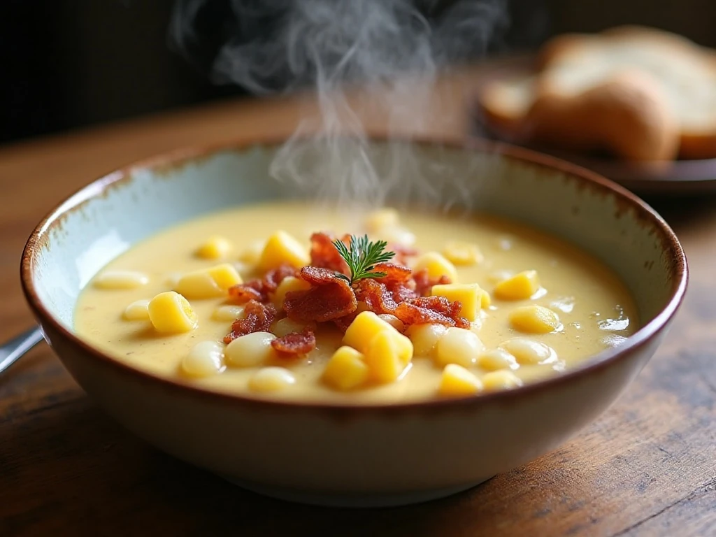 Creamy slow cooker potato corn chowder served with bacon and herbs