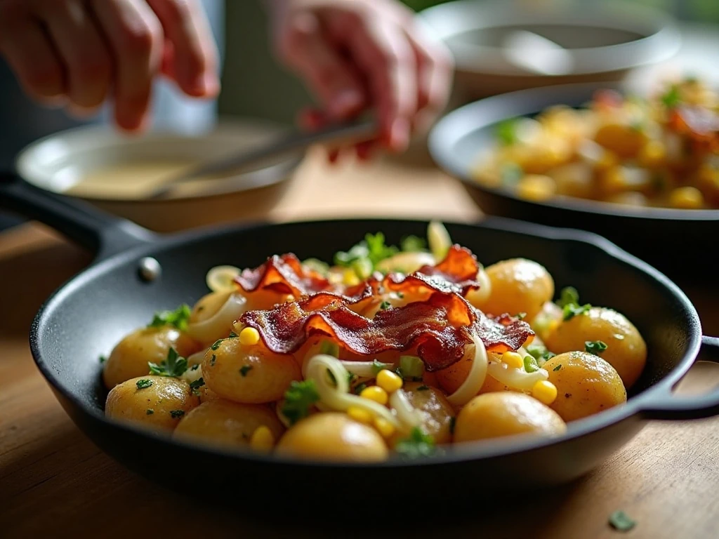 Preparing bacon and vegetables for slow cooker potato corn chowder