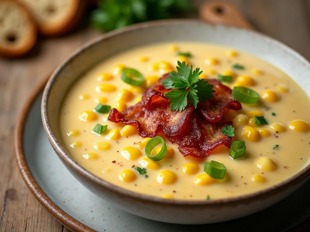 Potato corn chowder garnished with bacon, parsley, and green onions