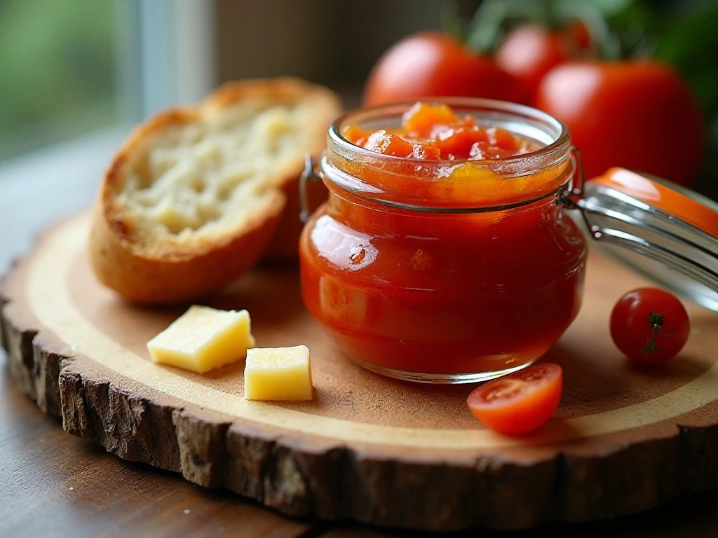Slow cooker summer tomato jam served with toast and cheese