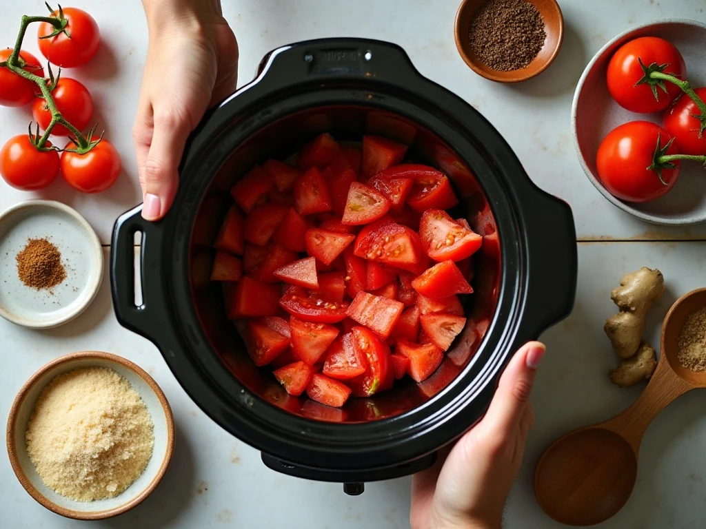 Ingredients for easy slow cooker summer tomato jam