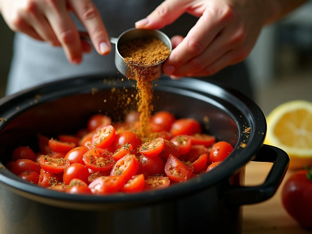 Tomatoes and spices mixed in a slow cooker for tomato jam