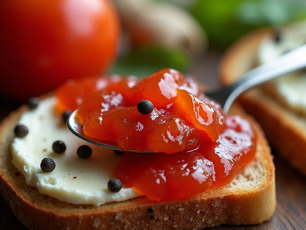 Glossy tomato jam spread on toast with goat cheese