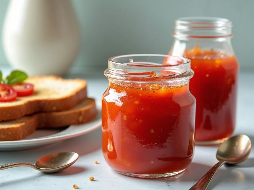 Cooled summer tomato jam stored in clean glass jars