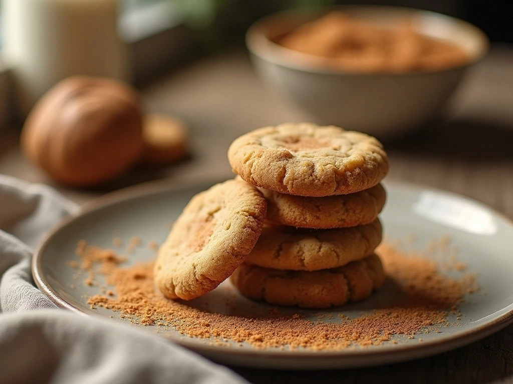 Stack of soft and chewy snickerdoodle cookies with cinnamon-sugar coating