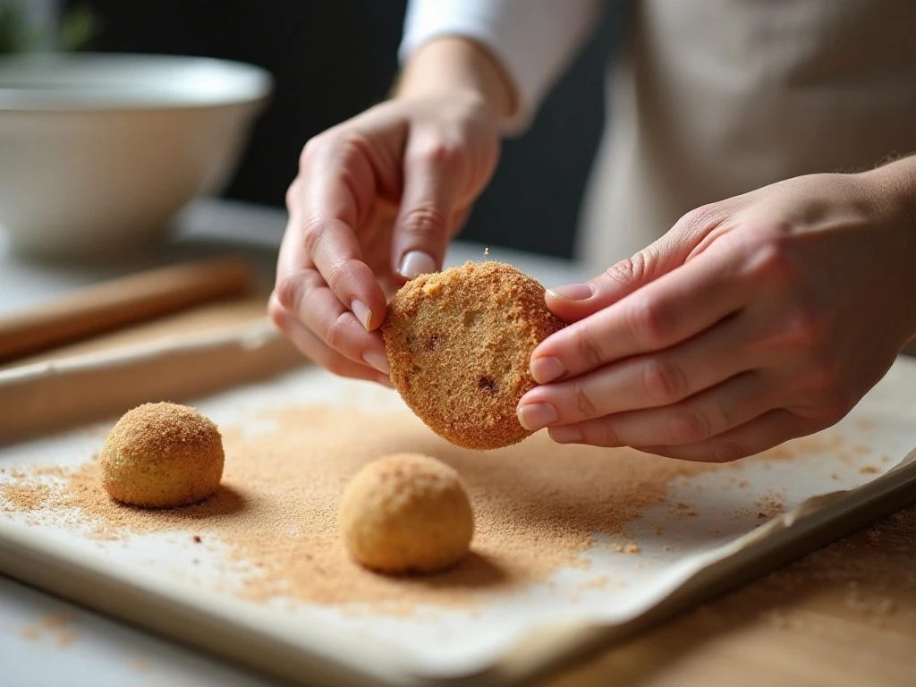 Rolling snickerdoodle dough balls in cinnamon sugar before baking