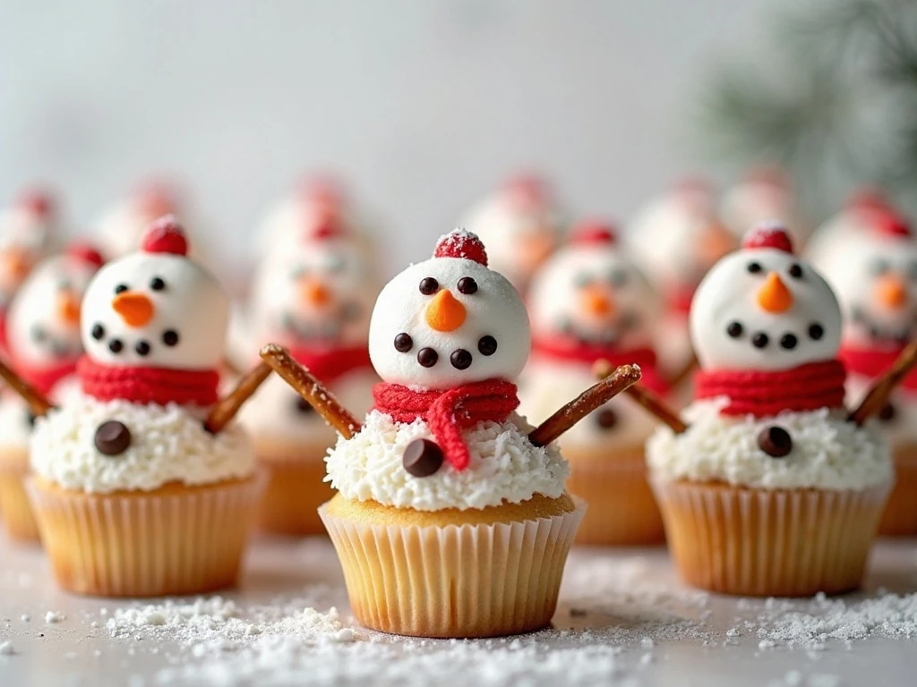 A batch of cheerful snowman cupcakes arranged for a holiday dessert table