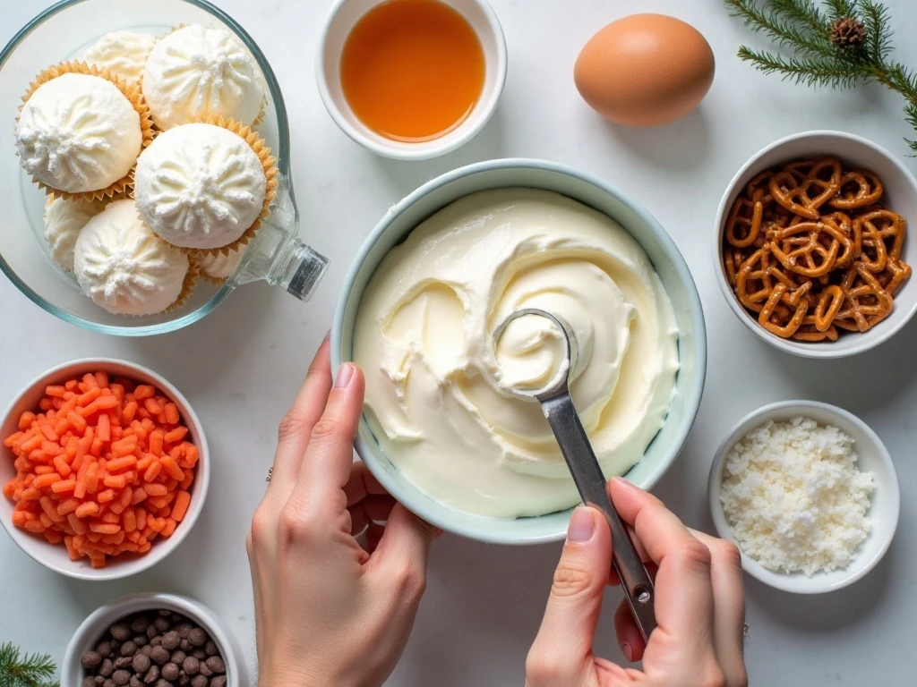 Ingredients for easy snowman cupcakes arranged in a holiday flat lay