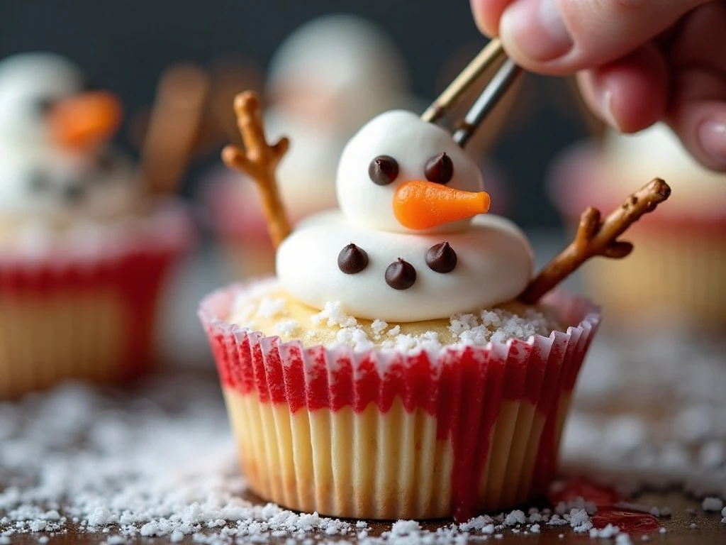Close-up of candy and pretzel details on a snowman cupcake