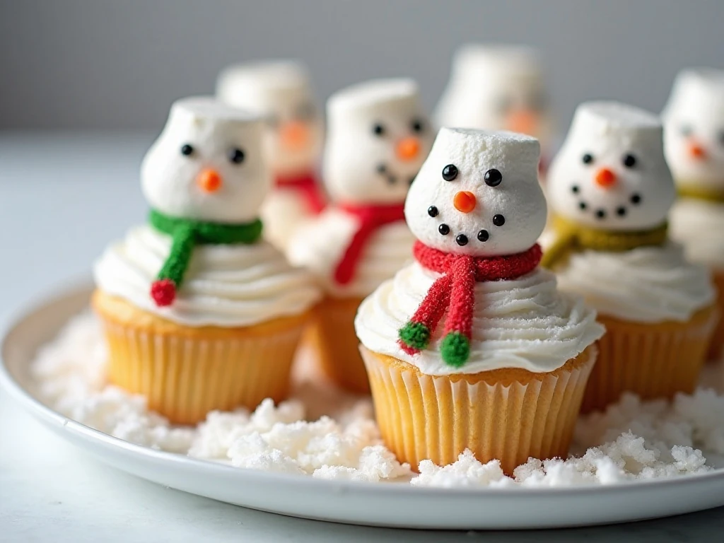 Snowman cupcakes ready to serve on a festive white platter