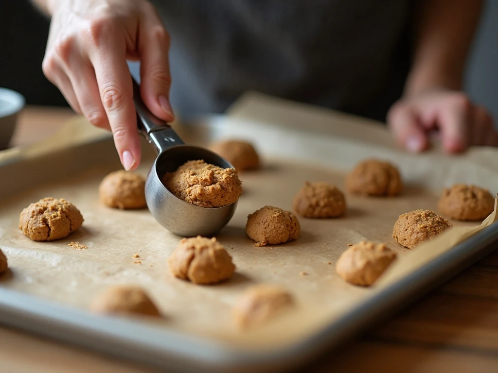 Scooping spice cake mix cookie dough onto a lined baking sheet