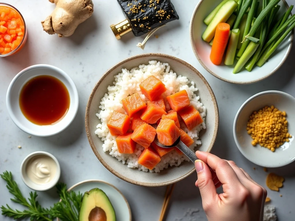 Ingredients for an easy spicy salmon poke bowl