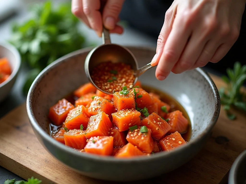 Cubed salmon being gently mixed with spicy poke marinade