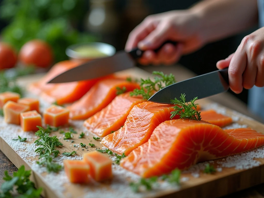 Fresh salmon and organized ingredients prepared safely for poke