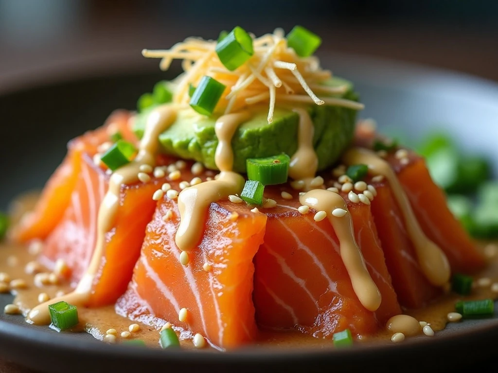 Spicy salmon poke bowl garnished with nori, sesame, and scallions