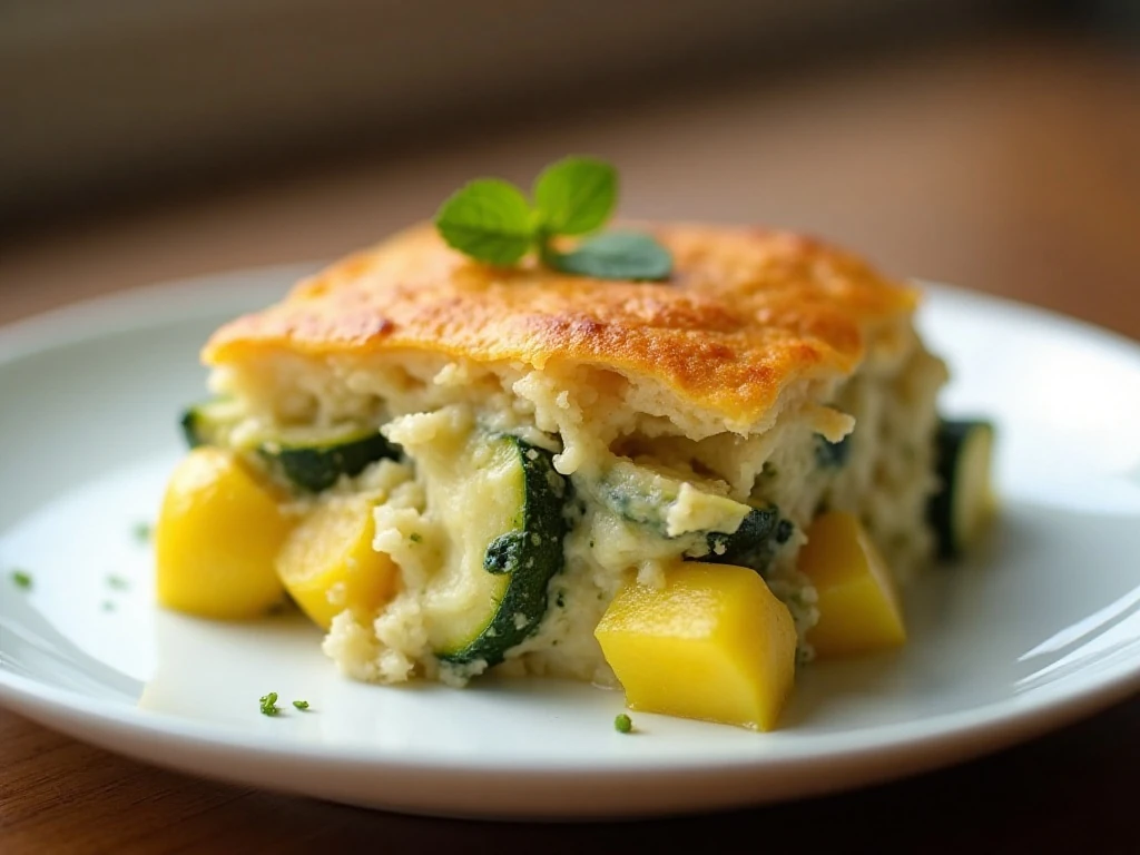 Serving of creamy squash and zucchini casserole with a golden stuffing topping