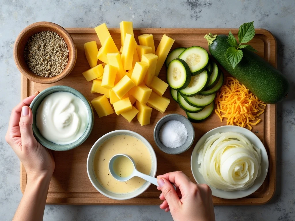 Ingredients for easy squash and zucchini casserole arranged for cooking