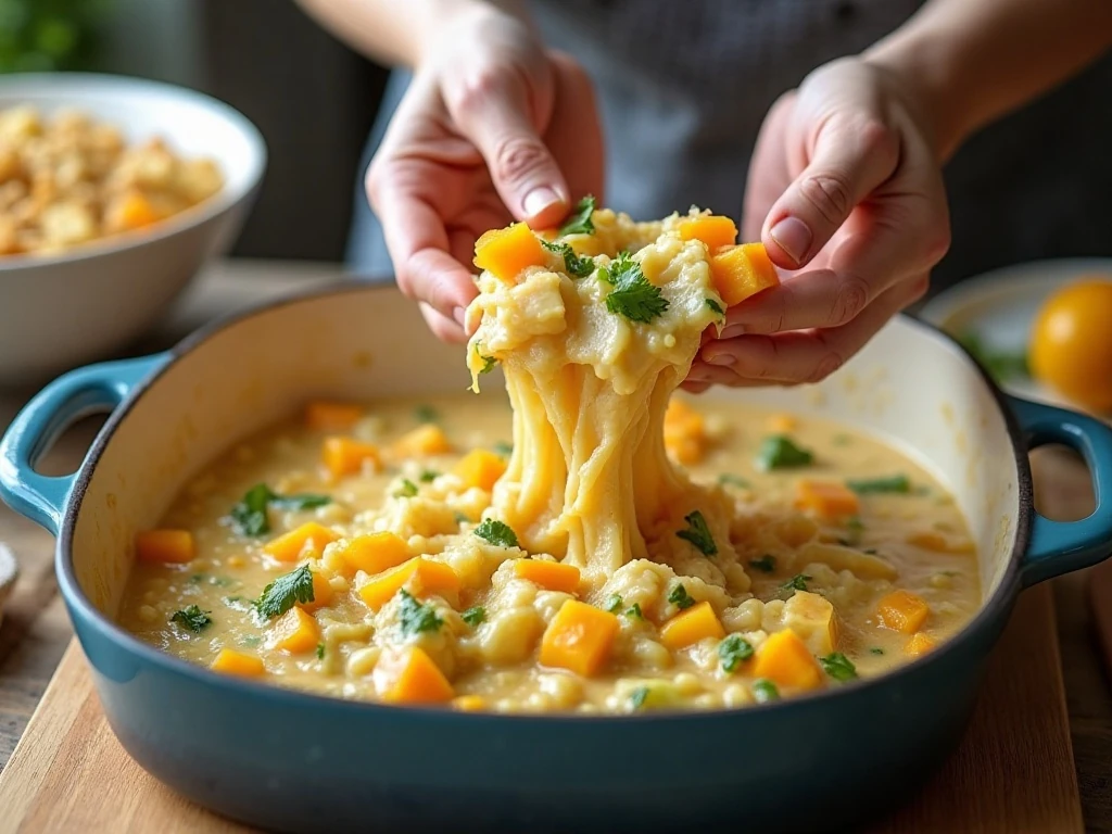 Vegetables being folded into the creamy casserole mixture
