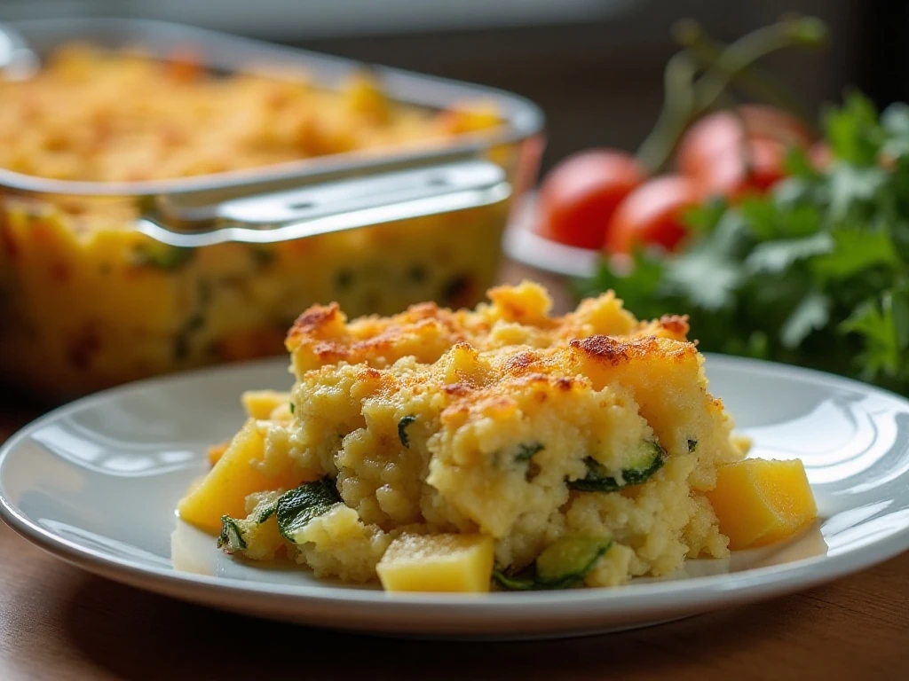Stored and reheated squash and zucchini casserole portion